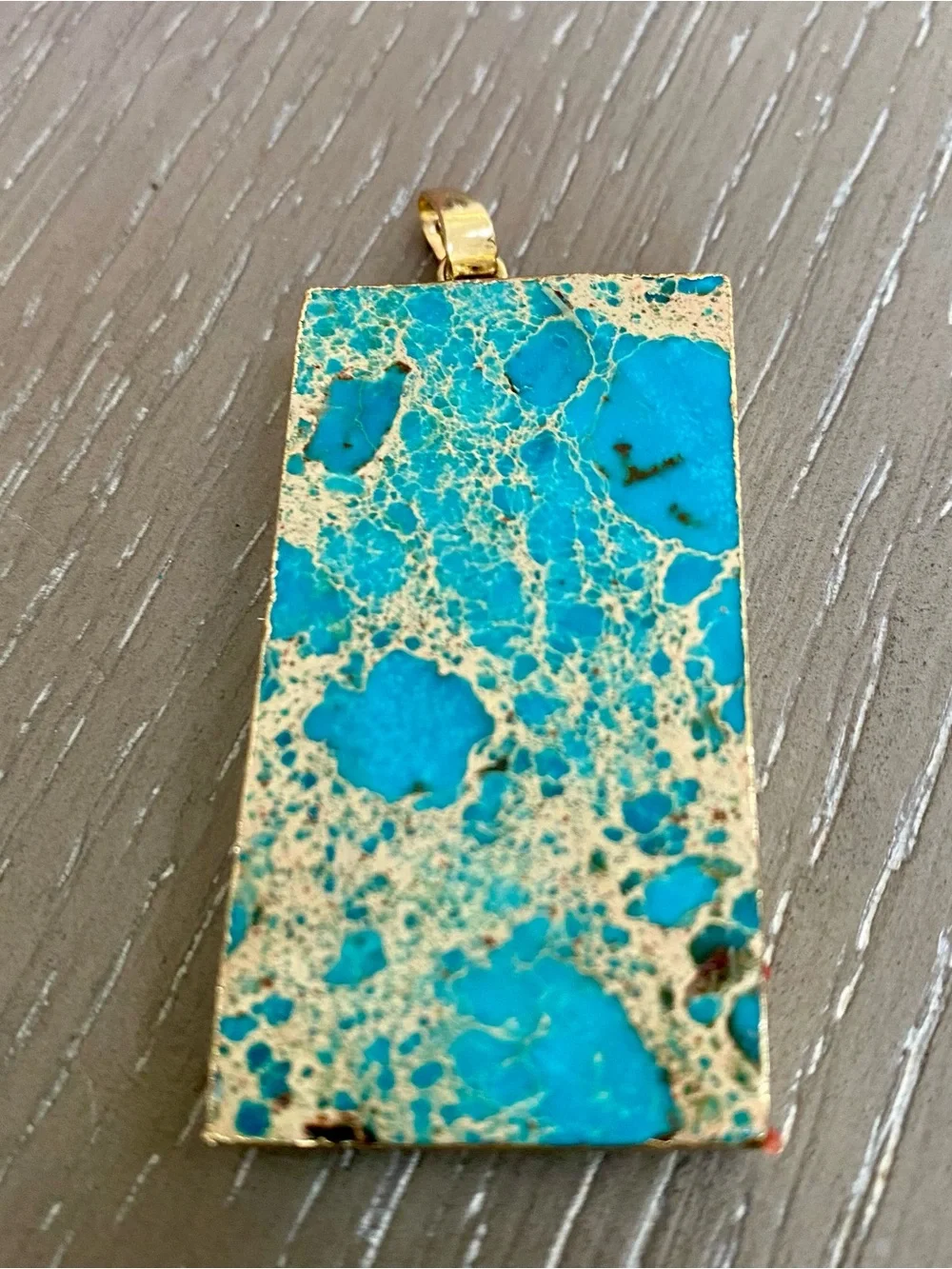 Turquoise Tone Rectangular Pendant Necklace - Blue and Gold